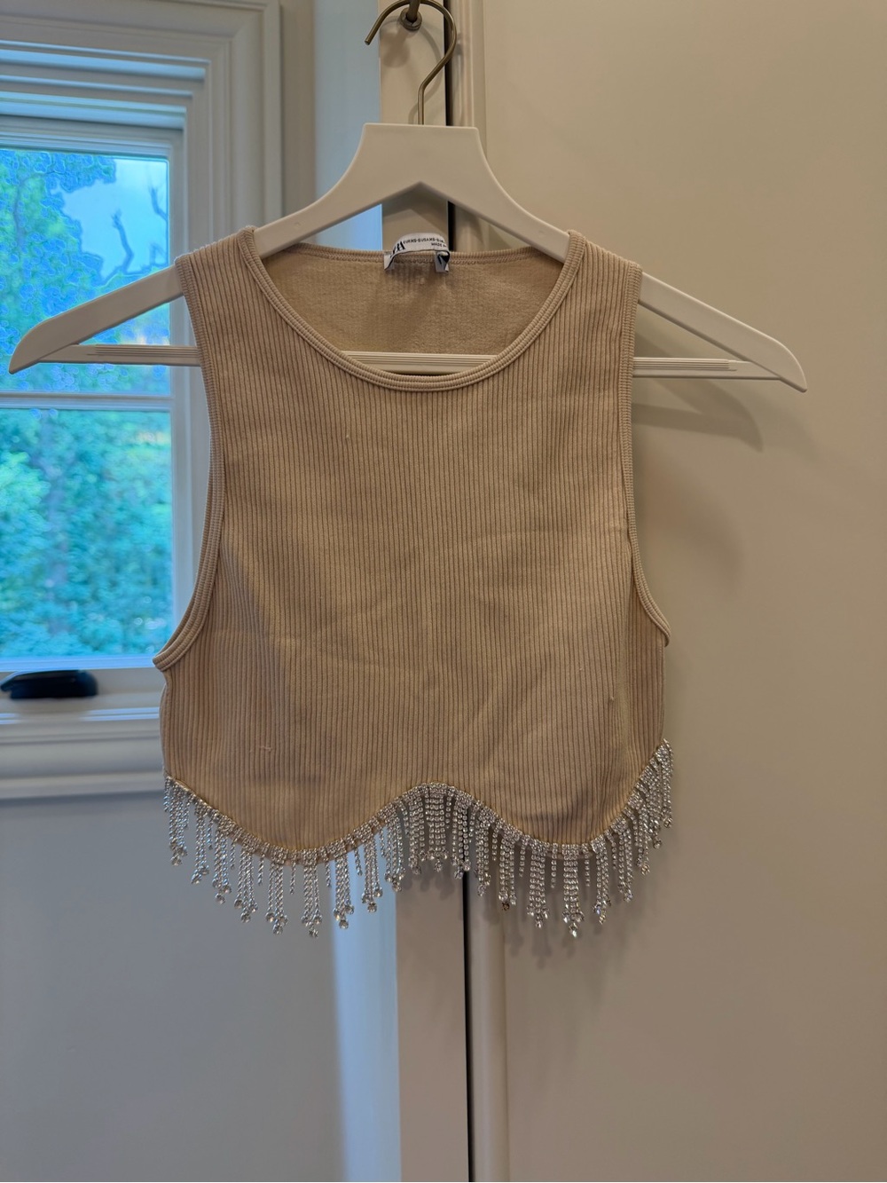 Beaded Hem Ribbed Tank Top - Beige Size XS